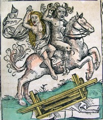 A woman rides with the devil on horseback.